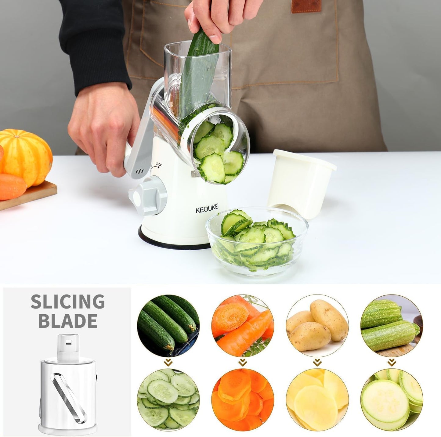Rotary Hand Crank Cheese Grater with Non-Slip Suction Base, Three Blades, and Cleaning Brush for Cheese, Vegetables, and Nuts - White