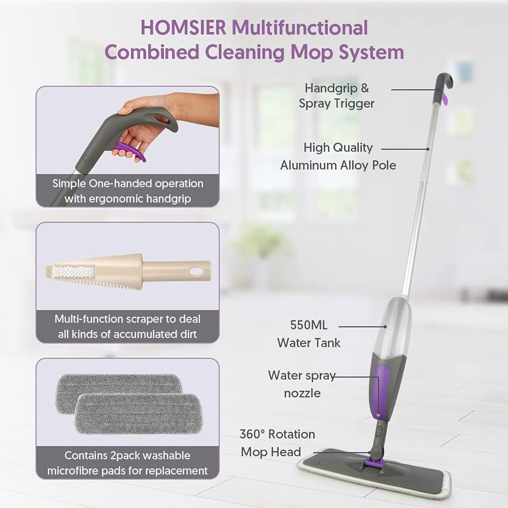 Professional Spray Mop for Floor Cleaning - Microfiber Flat Mop with 550ML Refillable Bottle and 2 Washable Pads for Wood, Laminate, Tile, and Marble Surfaces