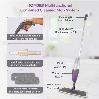 Professional Spray Mop for Floor Cleaning - Microfiber Flat Mop with 550ML Refillable Bottle and 2 Washable Pads for Wood, Laminate, Tile, and Marble Surfaces