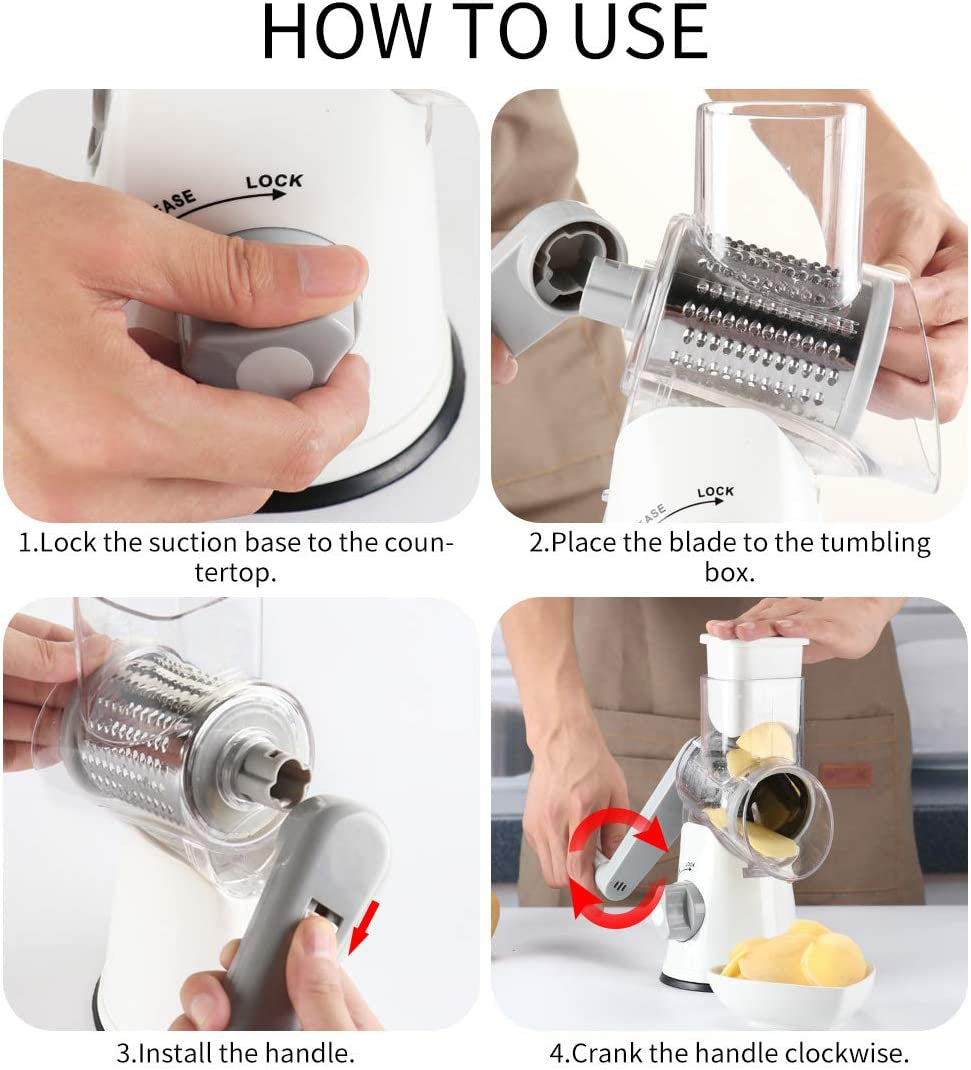 Rotary Hand Crank Cheese Grater with Non-Slip Suction Base, Three Blades, and Cleaning Brush for Cheese, Vegetables, and Nuts - White