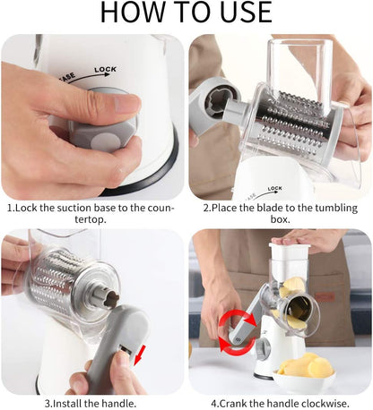 Rotary Hand Crank Cheese Grater with Non-Slip Suction Base, Three Blades, and Cleaning Brush for Cheese, Vegetables, and Nuts - White