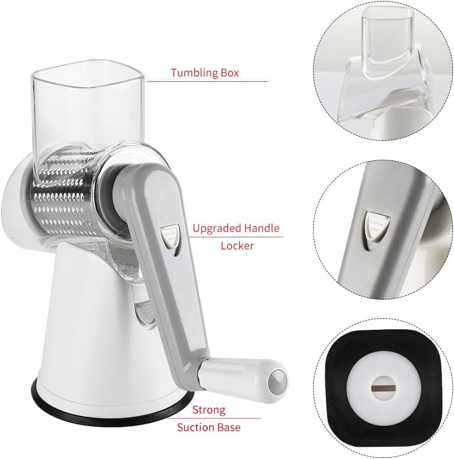 Rotary Hand Crank Cheese Grater with Non-Slip Suction Base, Three Blades, and Cleaning Brush for Cheese, Vegetables, and Nuts - White