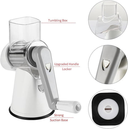 Rotary Hand Crank Cheese Grater with Non-Slip Suction Base, Three Blades, and Cleaning Brush for Cheese, Vegetables, and Nuts - White
