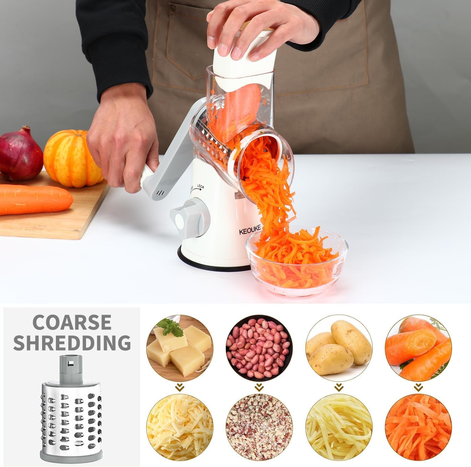 Rotary Hand Crank Cheese Grater with Non-Slip Suction Base, Three Blades, and Cleaning Brush for Cheese, Vegetables, and Nuts - White