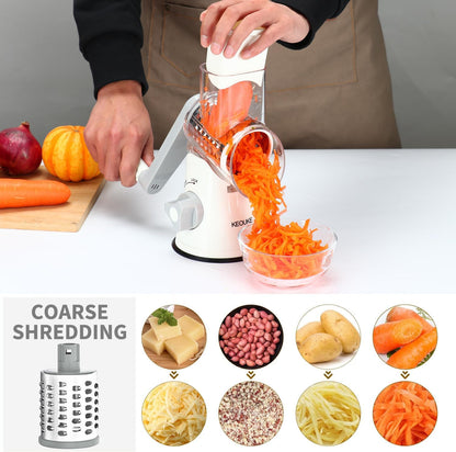 Rotary Hand Crank Cheese Grater with Non-Slip Suction Base, Three Blades, and Cleaning Brush for Cheese, Vegetables, and Nuts - White