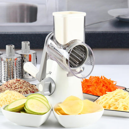 Rotary Hand Crank Cheese Grater with Non-Slip Suction Base, Three Blades, and Cleaning Brush for Cheese, Vegetables, and Nuts - White