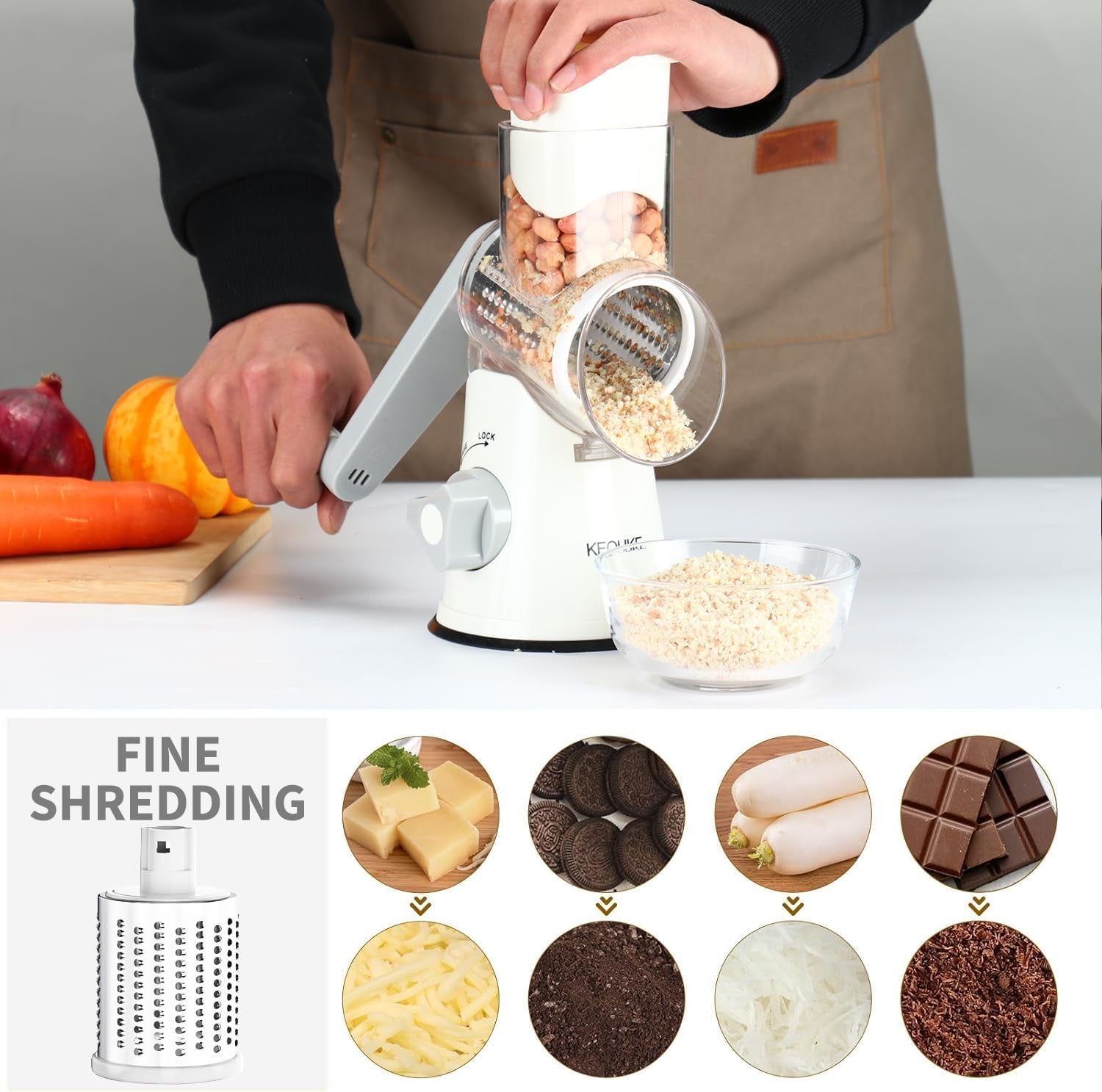 Rotary Hand Crank Cheese Grater with Non-Slip Suction Base, Three Blades, and Cleaning Brush for Cheese, Vegetables, and Nuts - White