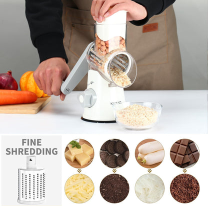 Rotary Hand Crank Cheese Grater with Non-Slip Suction Base, Three Blades, and Cleaning Brush for Cheese, Vegetables, and Nuts - White
