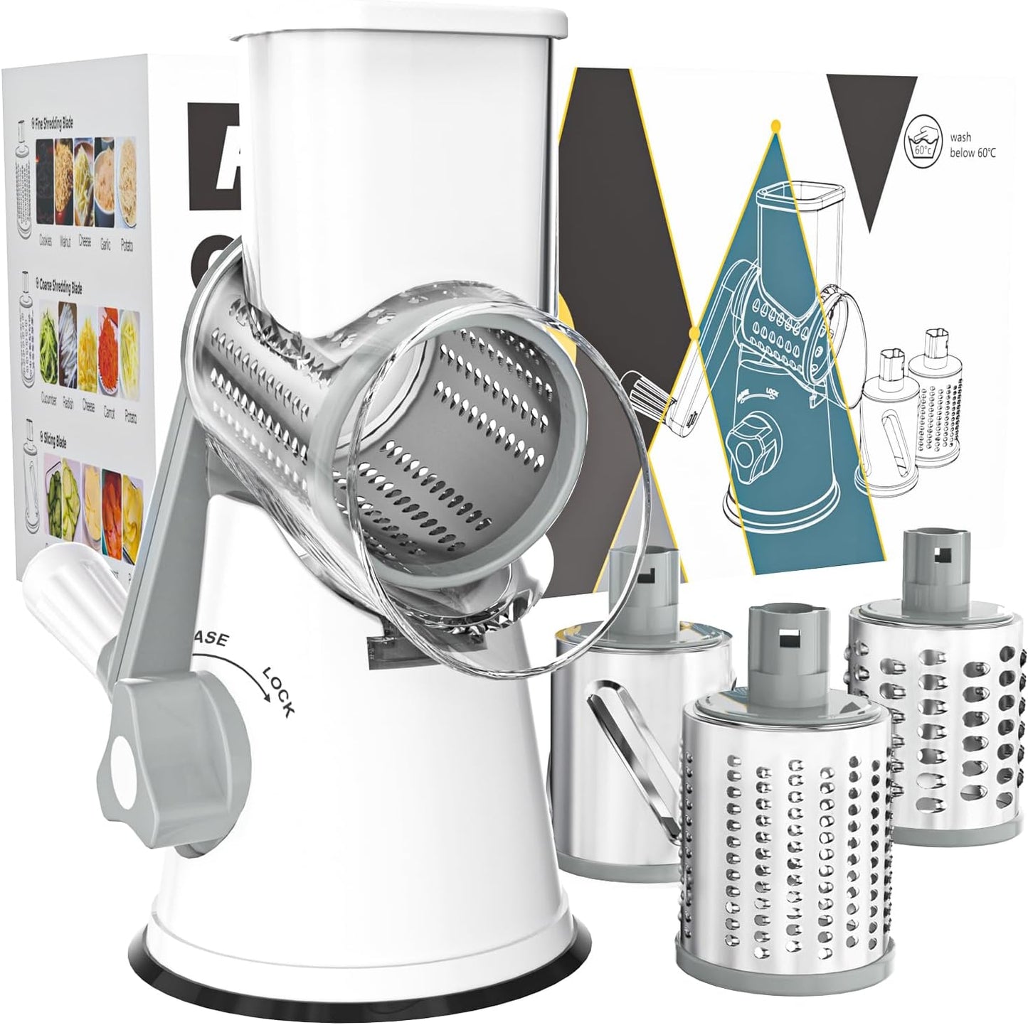 Rotary Hand Crank Cheese Grater with Non-Slip Suction Base, Three Blades, and Cleaning Brush for Cheese, Vegetables, and Nuts - White