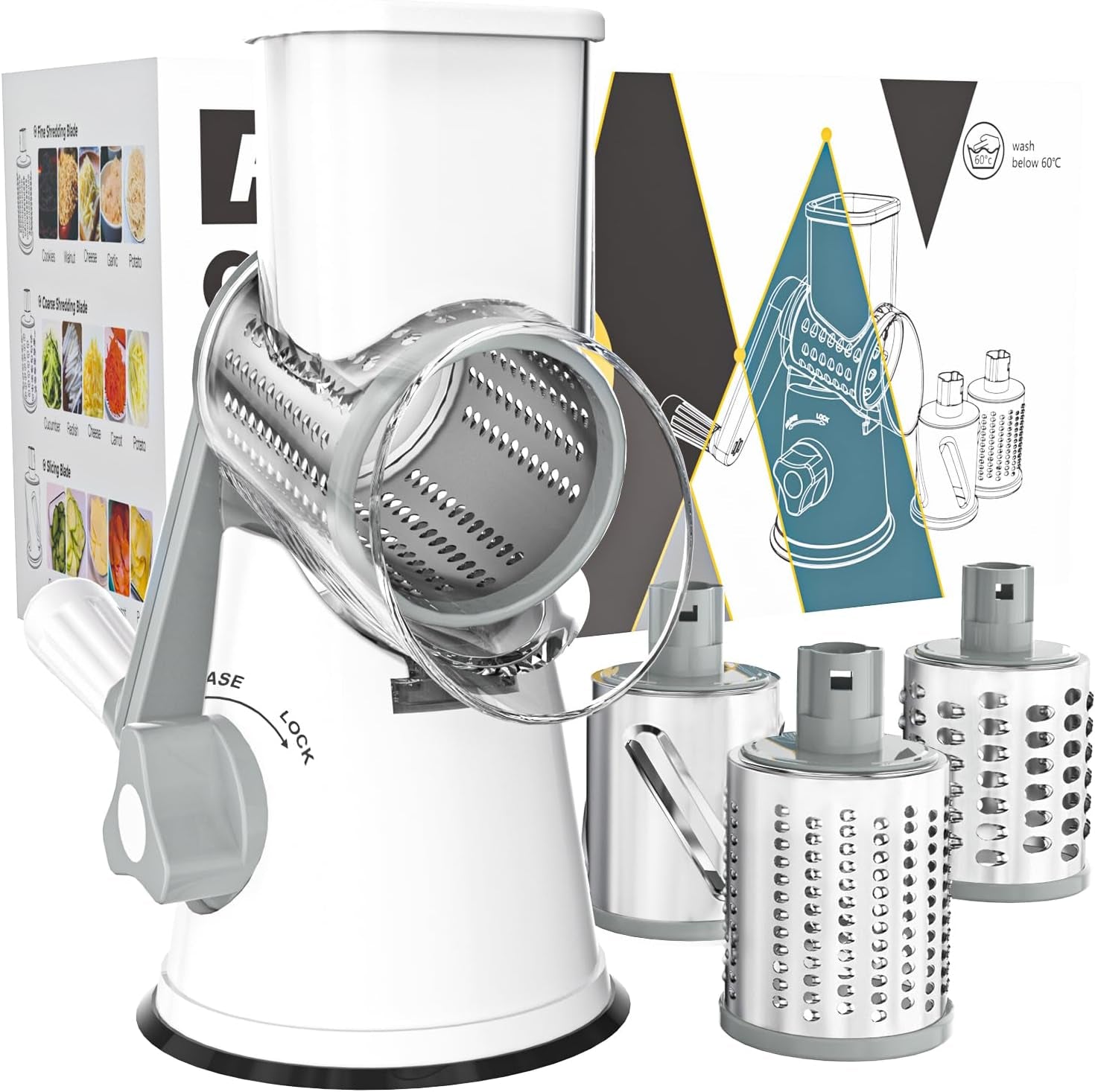 Rotary Hand Crank Cheese Grater with Non-Slip Suction Base, Three Blades, and Cleaning Brush for Cheese, Vegetables, and Nuts - White