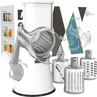 Rotary Hand Crank Cheese Grater with Non-Slip Suction Base, Three Blades, and Cleaning Brush for Cheese, Vegetables, and Nuts - White