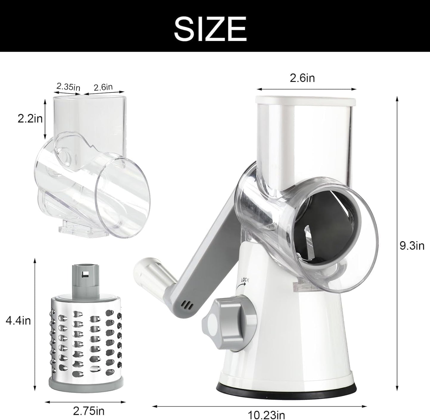 Rotary Hand Crank Cheese Grater with Non-Slip Suction Base, Three Blades, and Cleaning Brush for Cheese, Vegetables, and Nuts - White