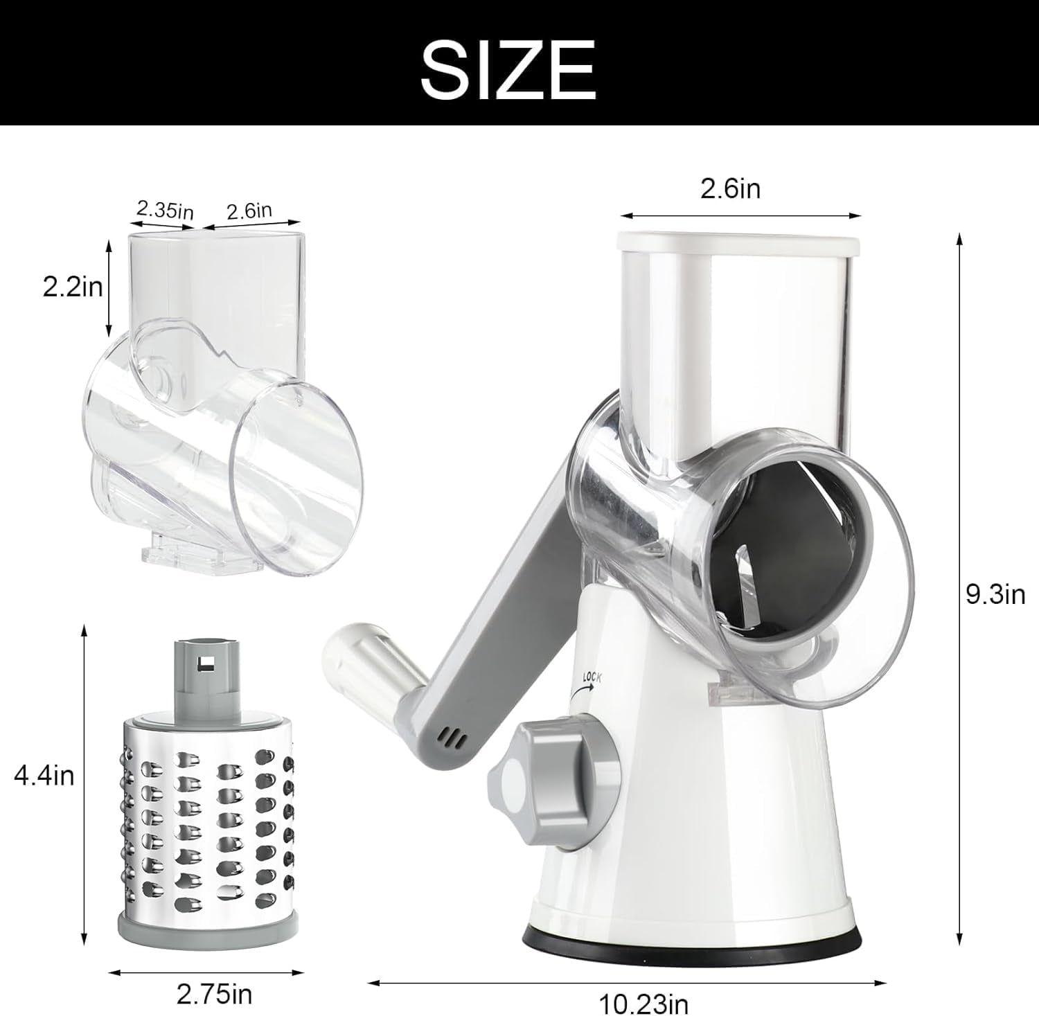 Rotary Hand Crank Cheese Grater with Non-Slip Suction Base, Three Blades, and Cleaning Brush for Cheese, Vegetables, and Nuts - White