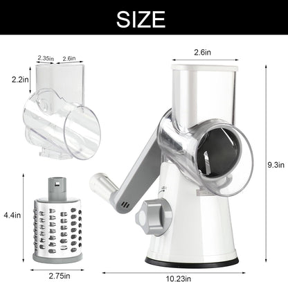 Rotary Hand Crank Cheese Grater with Non-Slip Suction Base, Three Blades, and Cleaning Brush for Cheese, Vegetables, and Nuts - White